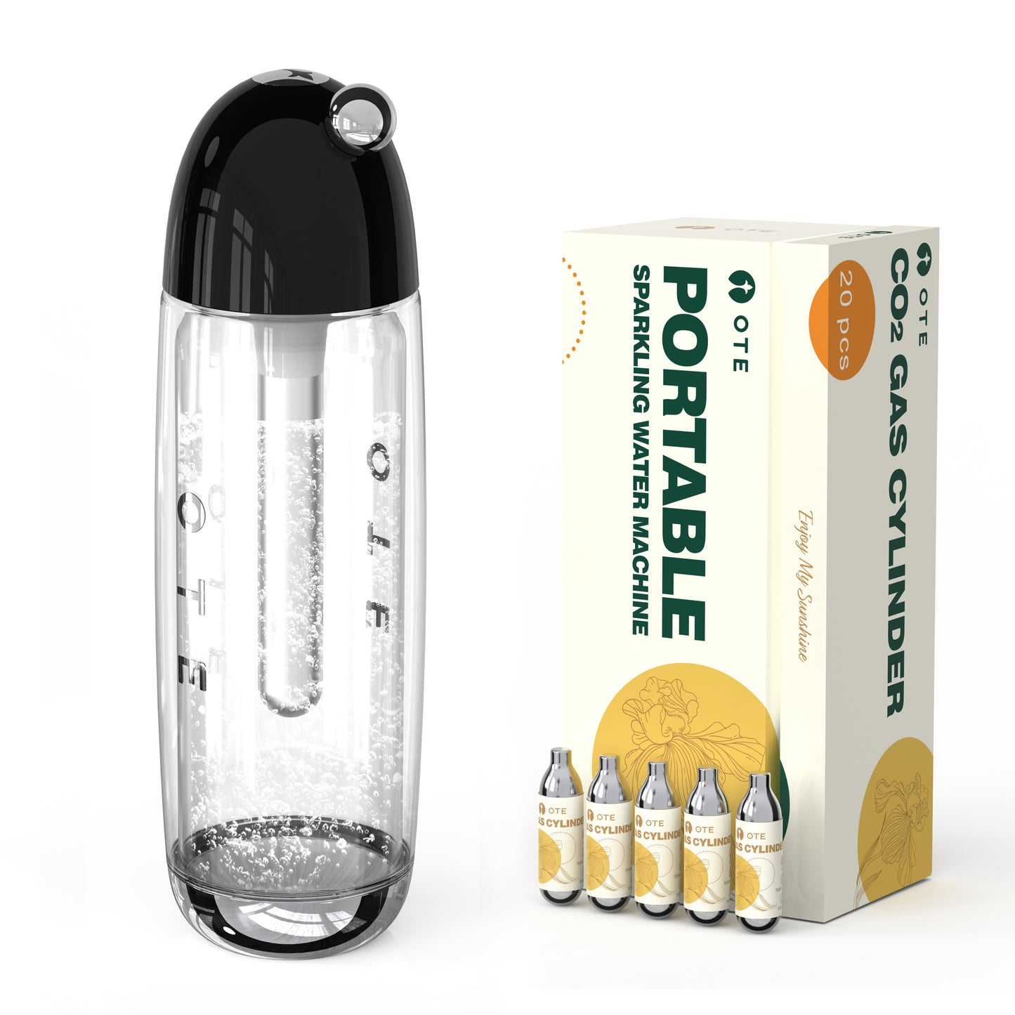 OTE 450ml bærbar mousserende vand Maker, Soda Maker Machine til hjem, Carbonat vand maskine ingen elektricitet, Dobbelt lag PET flaske, BPA gratis (Inkludere 20 PCS gascylinder)