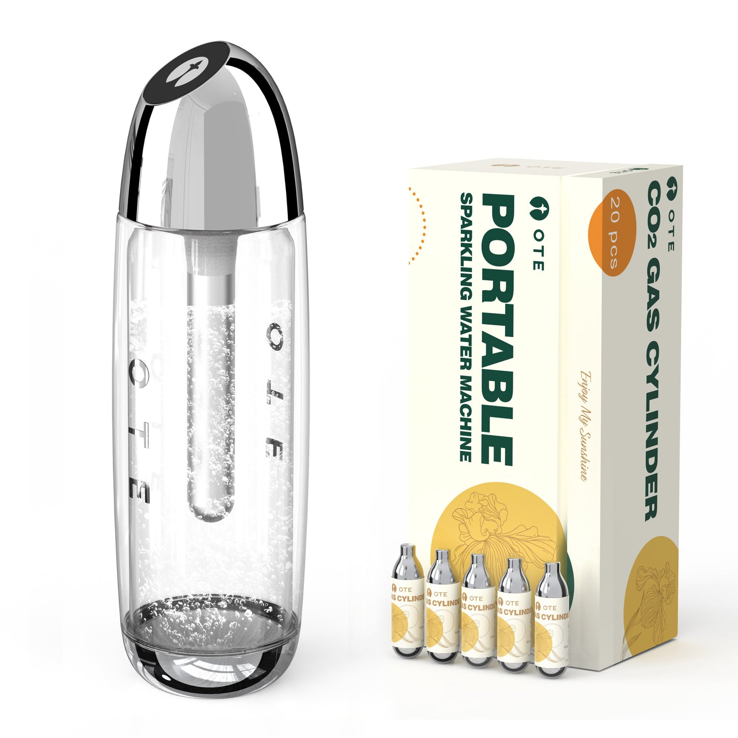 OTE 450ml bærbar mousserende vand Maker, Soda Maker Machine til hjem, Carbonat vand maskine ingen elektricitet, Dobbelt lag PET flaske, BPA gratis (Inkludere 20 PCS gascylinder)