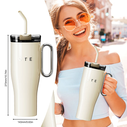 OTE1.2 L (42 oz) Kaffekrus til Go, Dobbeltvejset stål vakuum isoleret krus med håndtag og halm, BPA Gratis, Portable bil krus Tumbler, termisk krus, kaffe koppen til varme og kolde drikker